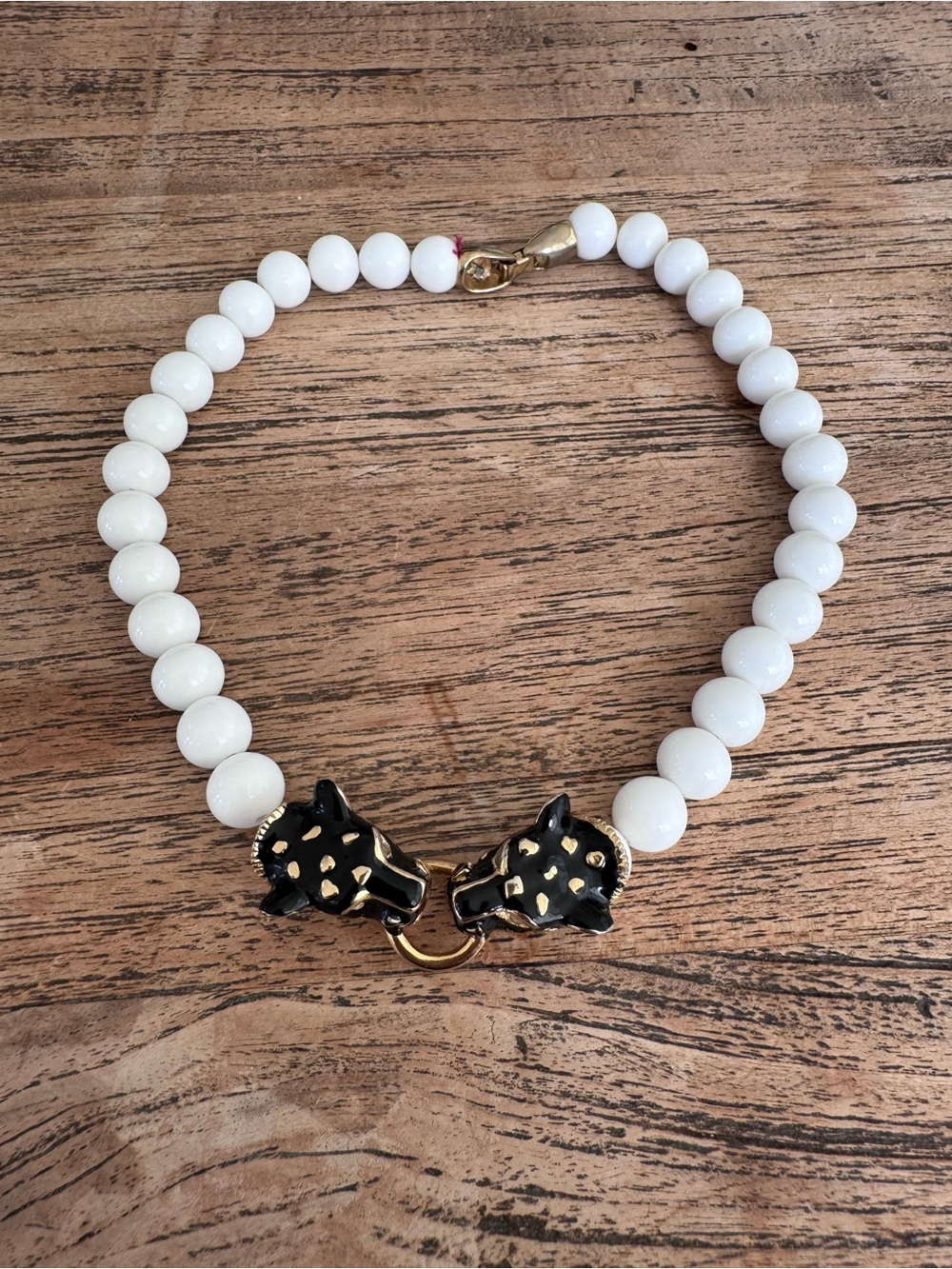 White Beaded Necklace with Black & Gold Leopard Heads vintage panther jewelry